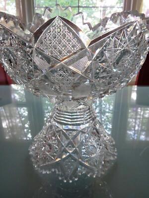 Antique American Brilliant Cut Glass 2pcs Punch Bowl w/ Pedestal Stand 10"H, 7Lb