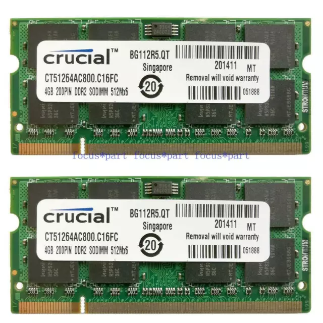 Crucial DDR2 Ram Kit 8 GB=(2x4GB) PC2-6400 800 Mhz  Laptop Memory SO-DIMM 200pin