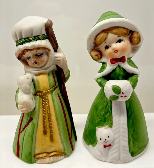 Pair Christmas Girl Figurine Bell Muff Cat JASCO Merri-Bells Vintage Puppy Boy