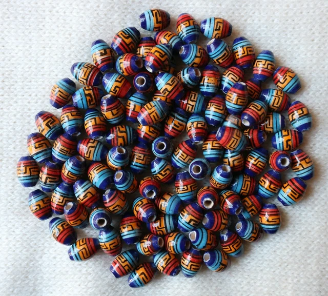 25 Keramik Perlen Peru 14 mm, blau orange rot bunt oval Indianer Schmuck Perle