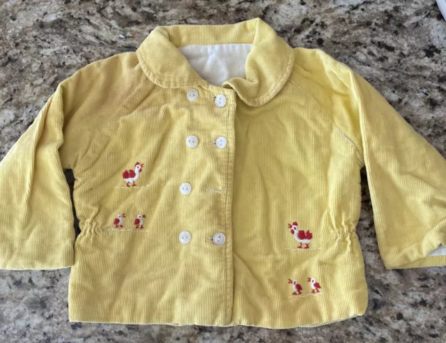 Vintage 1950s Child’s Corduroy Jacket Coat Baby Yellow With Hens And Chicks