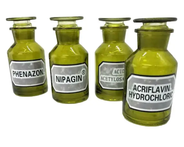 Tinted Green Apothecary Bottles With Lids, Poison, Goth Steam Punk Set Of (4)