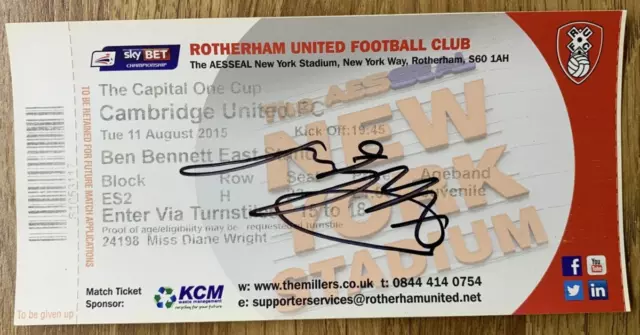 SIGNED ROTHERHAM UTD v CAMBRIDGE TICKET - 11/08/15 - CAPITAL ONE CUP 1ST ROUND