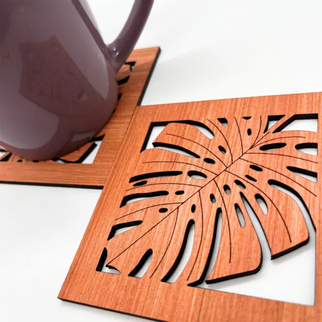 Leaf Coasters Square Monstera Leaf Pattern Wooden 10x10cm Tea Coffee Cup