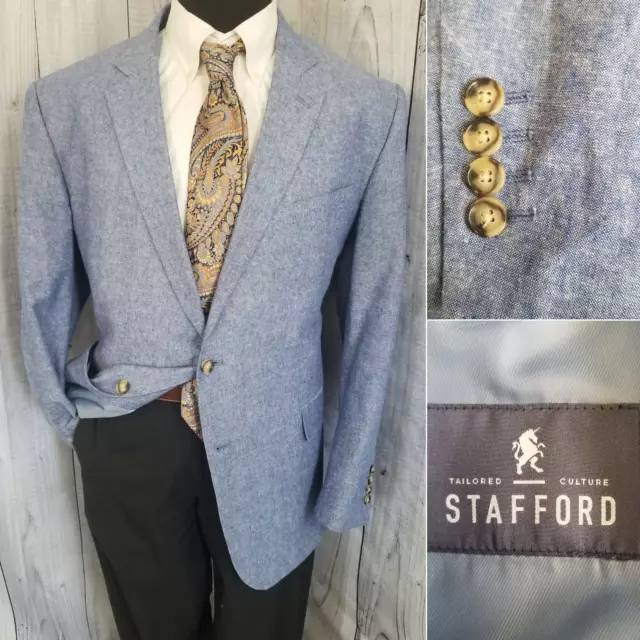 Stafford Blazer Men's 48-50R Blue Unstructured Linen Cotton Classic Fit Sport Co