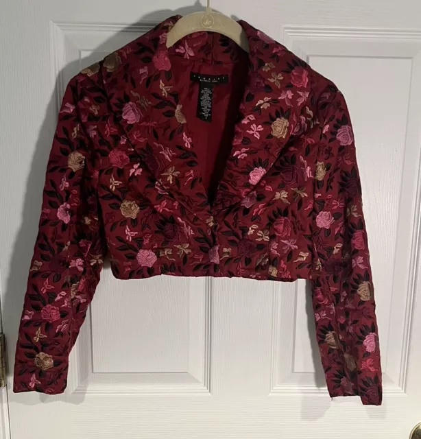 Laundry by Shelli Segal Burgundy Floral Embroidered Bolero Crop Jacket S