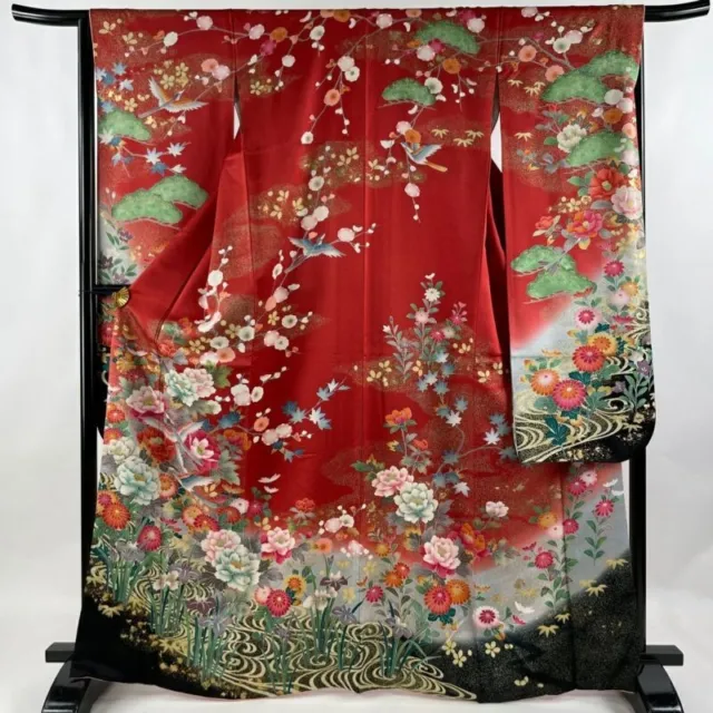 Woman Japanese Kimono Furisode Silk Bird Peony Foil Gold Foil Red