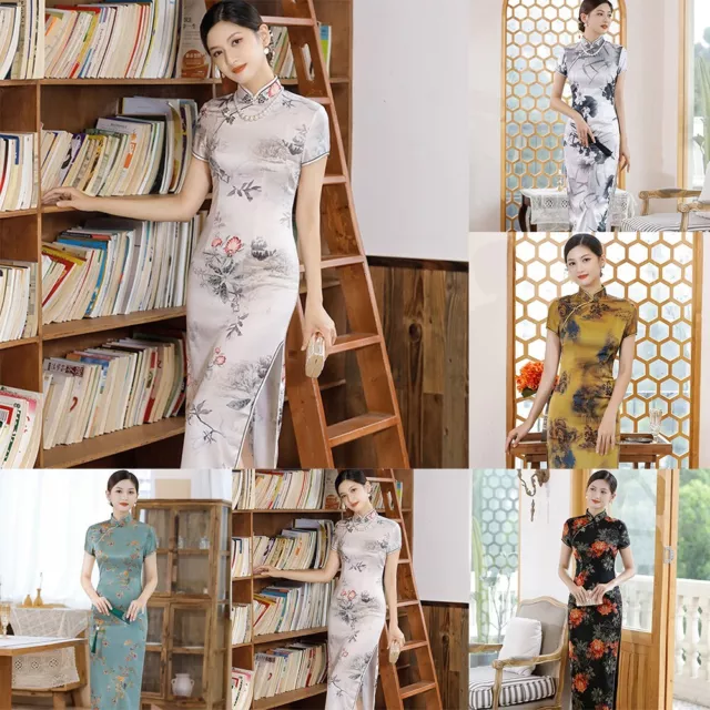 Traditional Chinese Qipao Dress Short Sleeve Satin Long Cheongsam in Lotus