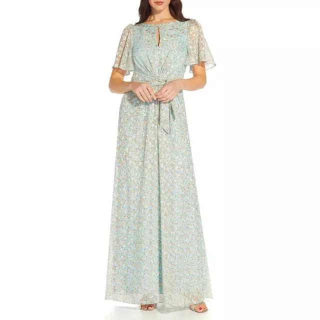 Adrianna Papell Womens Blue Chiffon Floral Print Maxi Dress 4 BHFO 0156