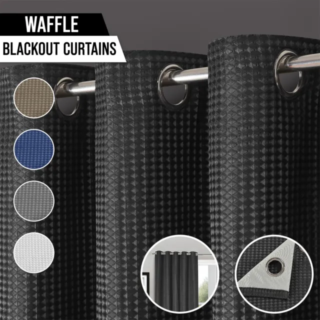 Waffle Thermal Total Blackout Luxury Jacquard Eyelet Ringtop Pair of Curtains