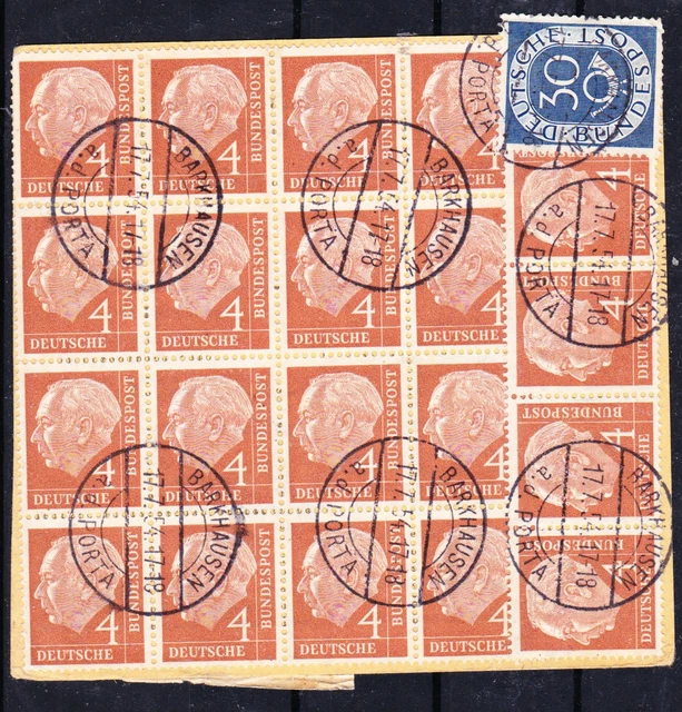 Bund Heuss I, 4 Pf, Mi. 178 im 16er-Block & waager. 4er-Streifen auf Paketkarte