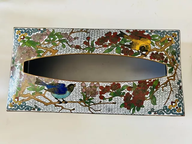 Vintage Asian Chinese Cloisonne Enamel Brass Tissue Box Cover Birds Floral