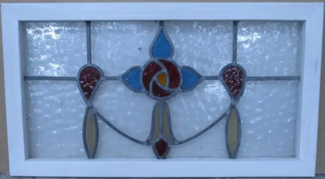 OLD ENGLISH LEADED STAINED GLASS WINDOW TRANSOM Gorgeous Floral 27.5" x 15.25"