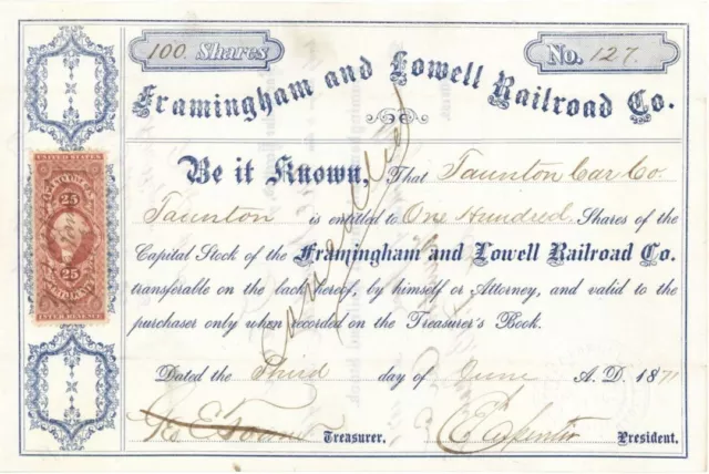 Framingham and Lowell Railroad Co. - Railway Stock Certificate - Railroad Stocks