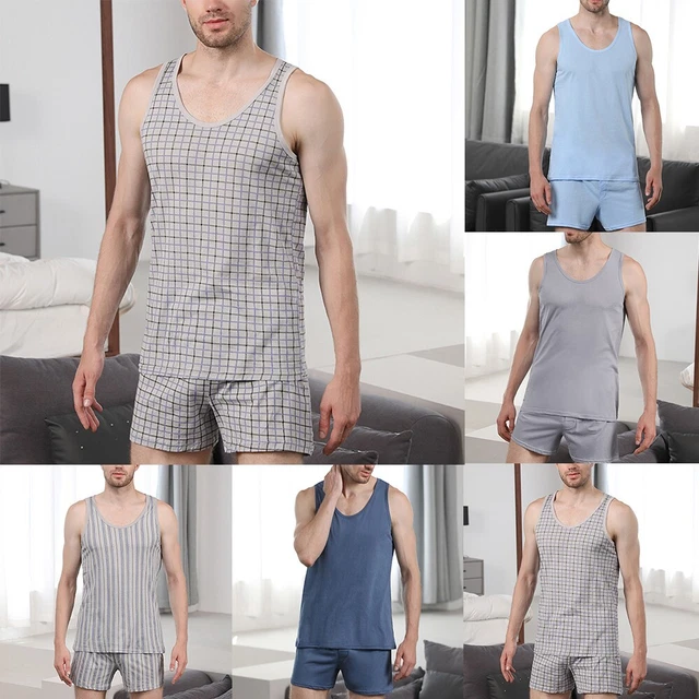 Set pigiama uomo abbigliamento senza maniche tinta unita estate traspirante