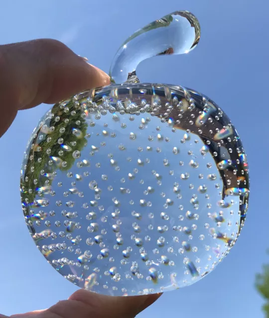 Clear Crystal Glass Apple Paperweight with Controlled Bubbles