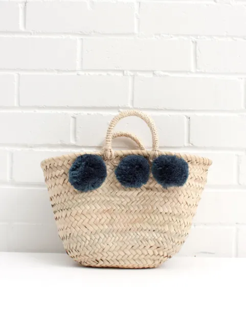 Small Basket Bag Pom Pom Mini French Market Indigo Blue Beach Tote Shopper Straw