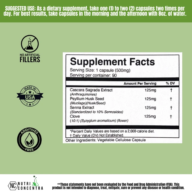 PSYLLIUM HUSK, CASCARA Sagrada, Clove, Senna, Gas and Bloating Relief
