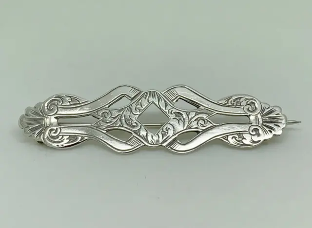 Antique Early Victorian Sterling Silver Engraved Foliage Scrollwork Panel Brooch