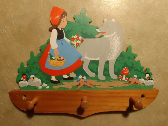 Porte manteau vintage chambre enfant en  bois 3 patères petit chaperon rouge