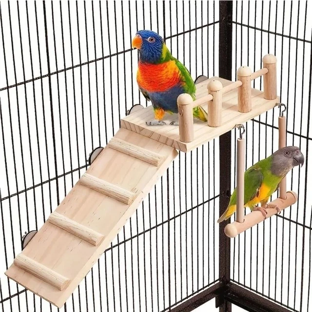 BIRDS PERCHES PLATFORM Swing Climbing Ladder Parrot Cage Wooden Playing ...