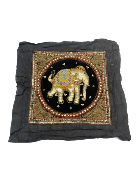 VTG Thai Burmese Kalaga Tapestry Black Embroidered Sequins Elephant 15” X 15”