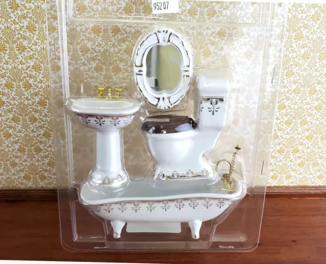 Dollhouse Miniature Bathroom Set Tub Toilet Sink Mirror White & Gold 1:12 Scale