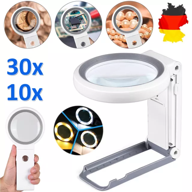 30X 10X Lupe mit 18 LED Licht Desktop Stand Leselupe Vergrößerung Arbeitslupe DE