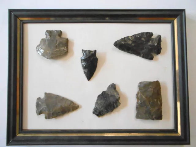 Group of 6 Mounted Antique Native Arrowheads Midwest Flint