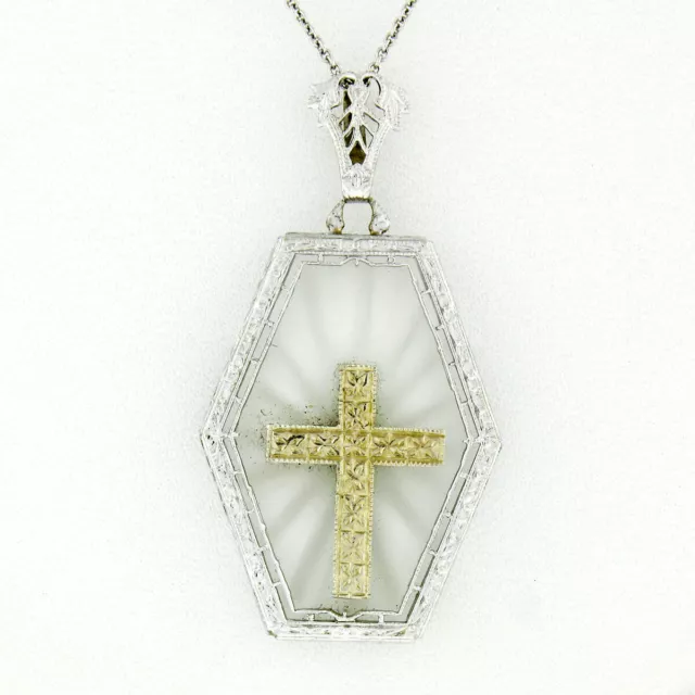 Ancien Art Déco 14K Or Français Camphre Verre Main Gravé Pendentif Croix &