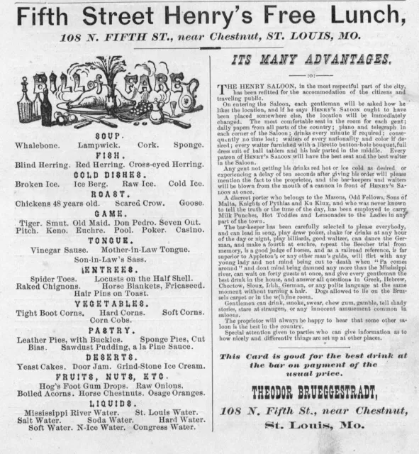 Fifth Street Henry's Free Lunch -  The Henry Saloon - St. Louis, Mo.  -  1877