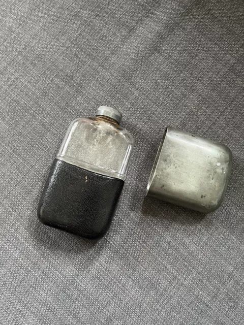 Vintage James Dixon & Sons Hip Flask Leather Glass Pewter Screw Top Bottle