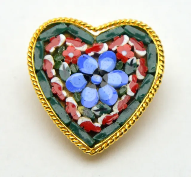 Vintage Italy Italian Micro Mosaic Heart Brooch Mid Century
