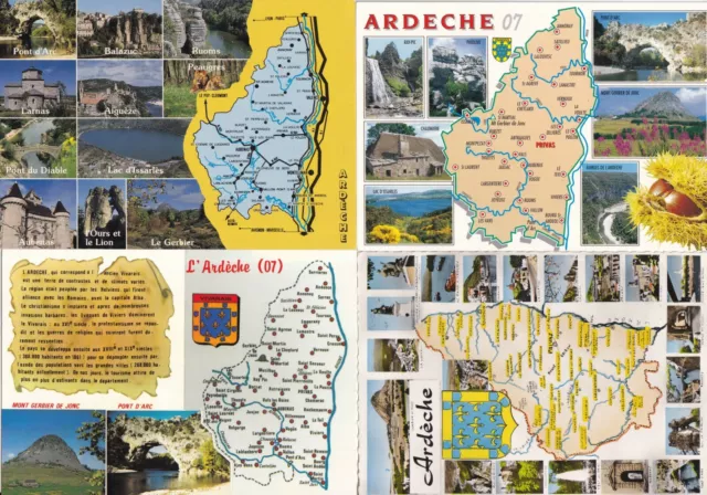 Lot de 4 cartes postales anciennes postcards 10X15cm ARDECHE carte département 1