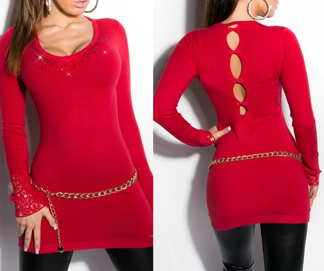 Sexy Miss Donna V Pullover Lungo Pullover Strass Maglia Fine Mini Vestito Abito