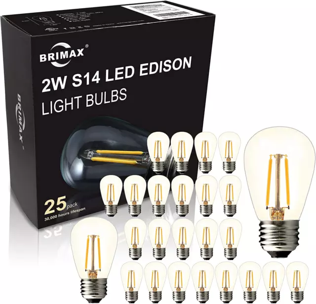 25PACK 2W S14 LED Edison Light Bulbs for Outdoor String Light , Shatterproof, E2