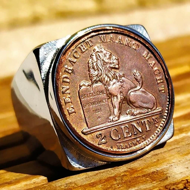 Bague Chevalière Carré Véritable Pièce 2 Centimes Albert Ier Belgique Fait Main