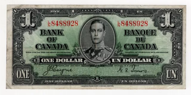 1937 Bank Of Canada One 1 Dollar Bank Note Ln 8488928 Nice Bill Coyne