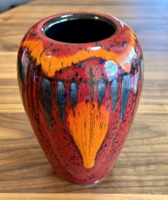 Poole Pottery EXODUS Drip Glaze Red Orange & Silver Metallic Vase 6.75” England