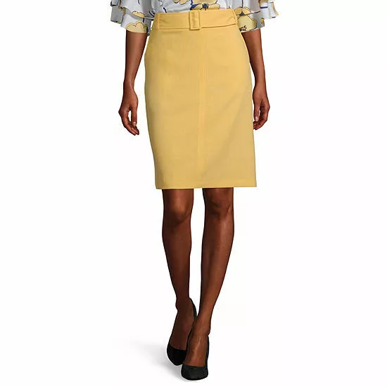 Liz Claiborne Women's Mid Rise Belted Pencil Skirt Size 14 Sunlight Yellow New