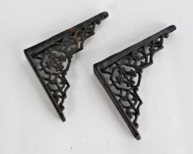 Set of 2 Small Vintage Black Cast Iron Shelf Brackets 4 3/4" x 3 7/8"