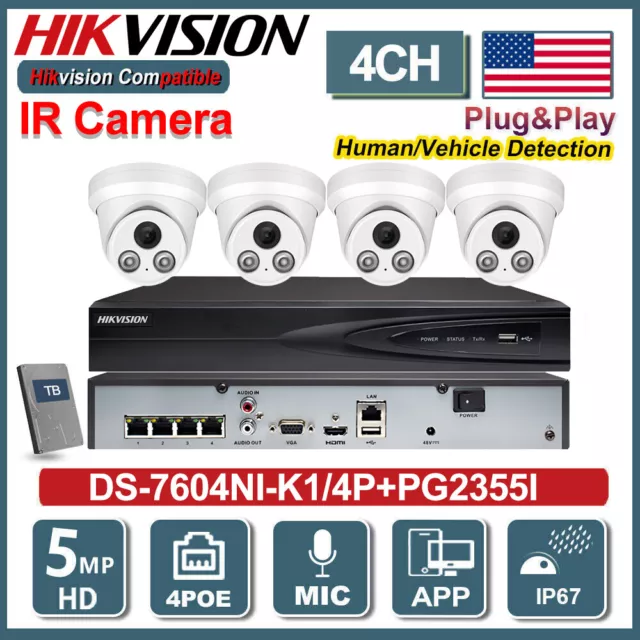 Hikvision 4CH 4POE NVR 5MP IR30M MIC Turret Camera Security CCTV System Kit Lot