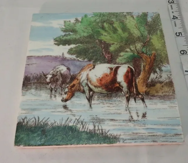 Antique RARE Minton Stoke on Trent Cows in Stream Hand Painted Transferware Tile