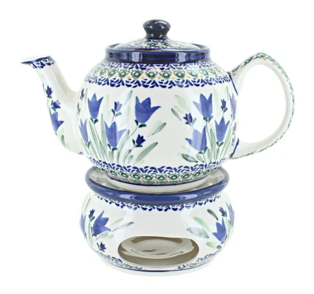 Blue Rose Polish Pottery Blue Tulip Teapot with Warmer