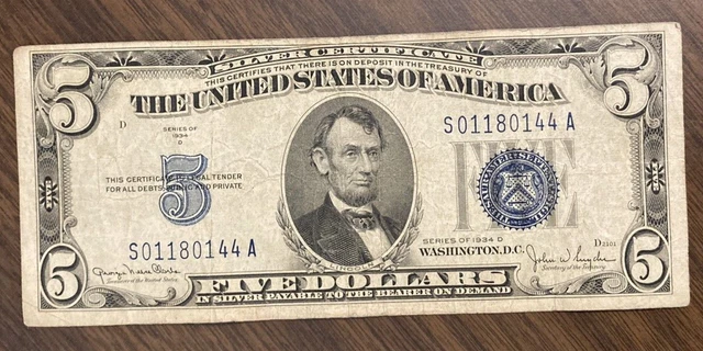 1934 D  Five Dollar Bill Silver Certificate Blue Seal VF/XF