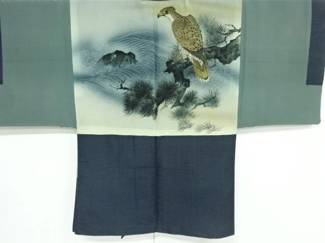 40570# Japanese Kimono / Antique Mens Haori / Nishijin-Ori / Pines & Hawk Wi