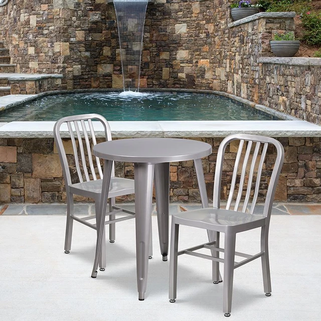 Commercial Grade 24" Round Silver Metal Indoor/Outdoor Table Set w/2 Vertical Sl