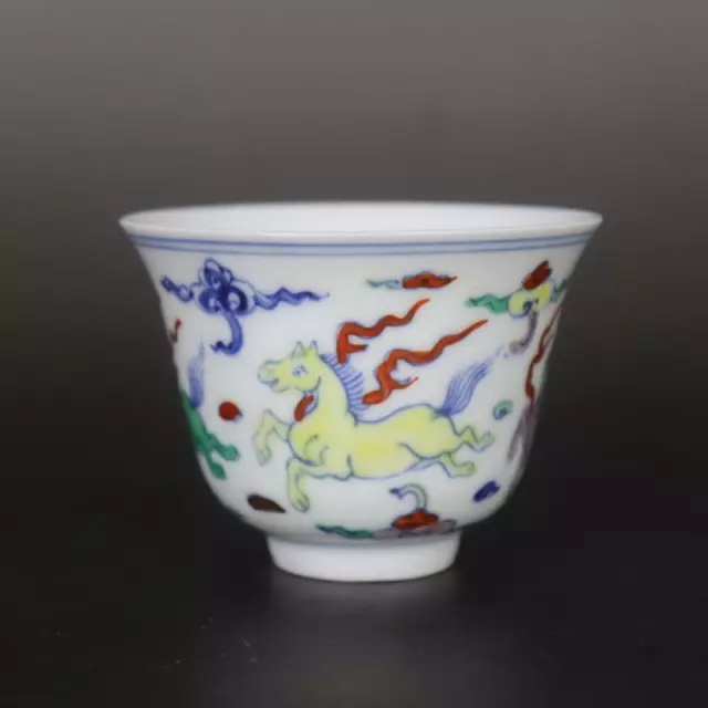 Chinese Ming Chenghua Blue and White Doucai Porcelain Horse Design Teacup Cup