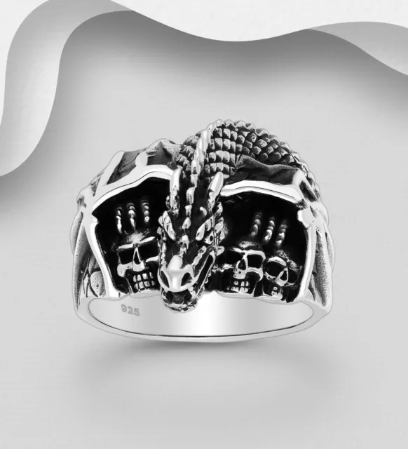 Men's Ring 925 Sterling Silver Skull and Dragon Power and Mystery Symbol Gothic