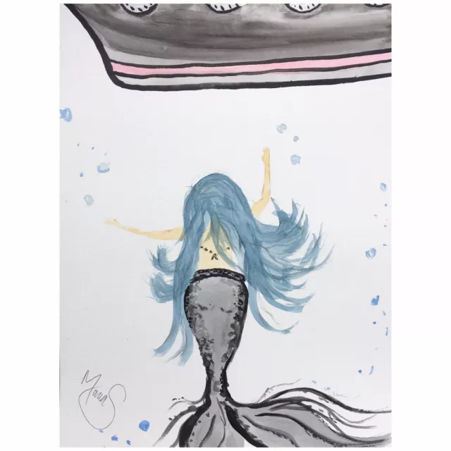 Maria Scalf Mermaid Nautical Sea Swimming ORIGINAL PAINTING Watercolor 9x12